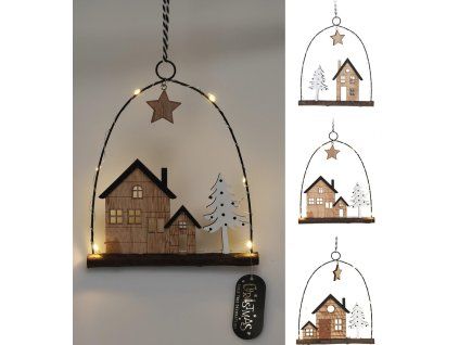 dekorace závěsná DOMEČEK 6LED, 20,5cm kov/dřevo mix 35 23112