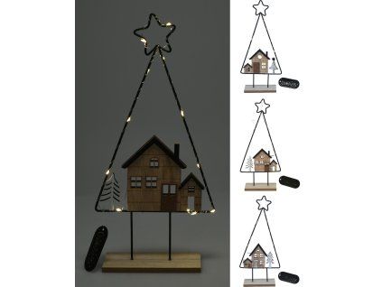 dekorace STROM S DOMEČKEM 10LED, 39cm kov/dřevo mix 35 23113