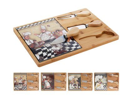 prkénko na sýr 30,5x21,5x1,2cm,2xnůž,1xvidlička,bambus/keramika,mix dekorů