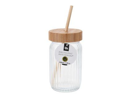 sklenice 500ml s víčkem a brčkem bambus/sklo