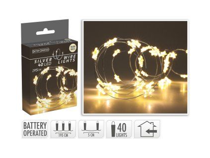 osvětlení vánoční  1,95m 40LED teplá BÍ, drát, HVĚZDY 35 23805