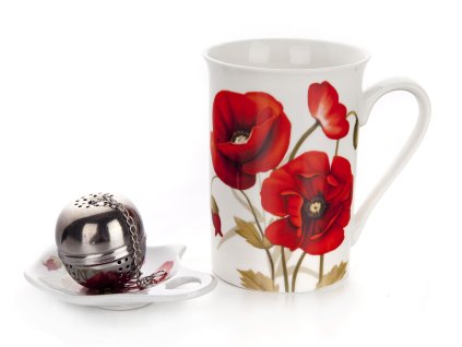 hrnek 340ml RED POPPY,tácek keramický,čajítko nerez sada 3díl.