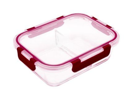 dóza LORA obdél. dělená 1,3l 23,5x18x7,5cm skl.+PP víčko TRA/BORDO