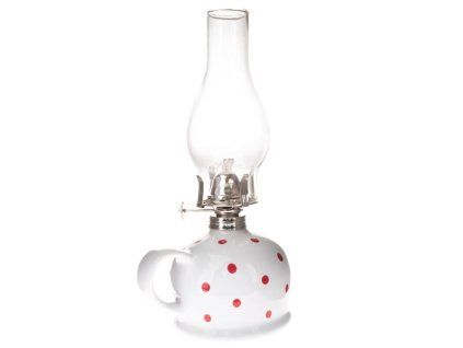 lampa petrol. d11x28cm, bílá+červ.puntík, porcelán/sklo