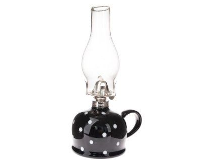 lampa petrol. d11x28cm, černá+bílý puntík, porcelán/sklo