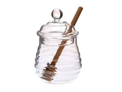 dóza 250ml, d6,5x 8,2cm, na med, naběračka, sklo