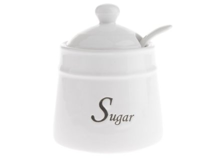 cukřenka 0,53l, d11x14cm, SUGAR, lžička, bílá keramika