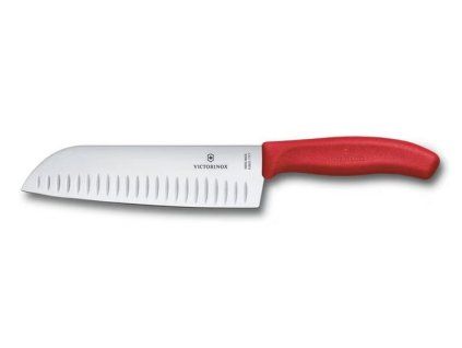 nůž 17cm SANTOKU, rovný, vroubk., červený, blistr, VICTORINOX