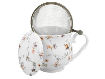 hrnek 430ml baňatý SAFA kytičky+víčko+sítko NR, porcelán, DB
