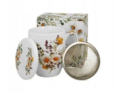 hrnek 380ml, DAISY LUČNÍ KVĚTY+víčko+sítko NR, porcelán, DB