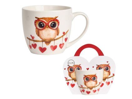hrnek 460ml baňatý SOVA na větvi se srdíčky, DB taška, porcelán