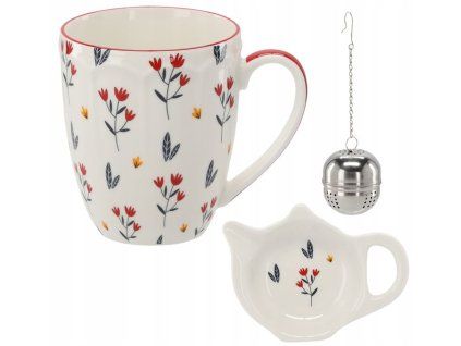 hrnek 350ml KVĚTY, 3DEKORY, čajítko, podčajník, porcelán, DB