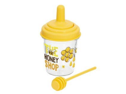 dóza 320ml, d7,5x16cm na med s naběračkou, sklo/plast