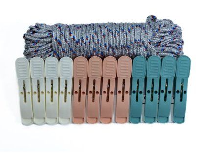 šňůra 13m+kolíčky 12ks (8,5x1,8x3,8cm), 3barvy, kov.pružina, plast
