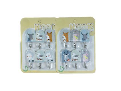 háček- 6ks-ZVÍŘÁTKA-MIX DEKORŮ, samolep., kov/plast