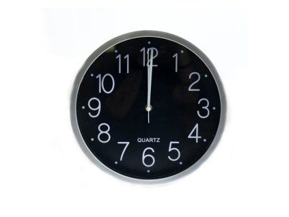 hodiny d30cm, ČERNÉ, stříbrný rám (HA44-51), sklo