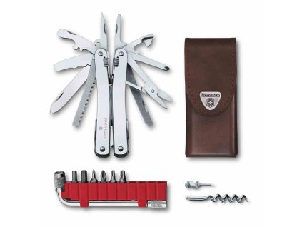 Kleště SWISS TOOL SPIRIT X PLUS, stříbrné, kožené pouzdro