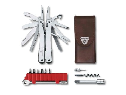 Kleště SWISS TOOL SPIRIT X PLUS, s ráčnou, stříbrné, kožené pouzdro