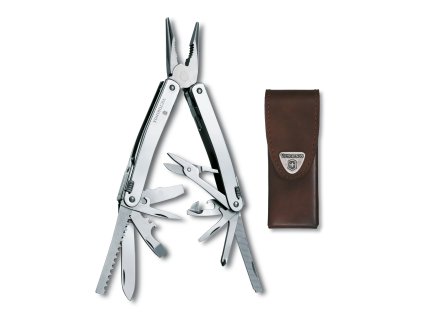 Kleště SWISS TOOL SPIRIT X, stříbrné, kožené pouzdro, blister