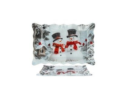 podnos 30x20x2cm14cm, DVA SNĚHULÁCI vánoční, sklo