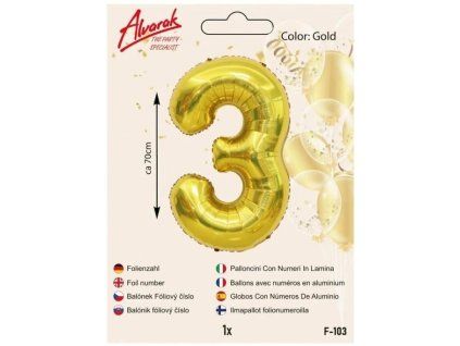 balónek číslo "3" -Fóliový zlatý 70 cm  1ks/bal