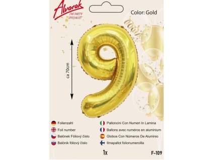 balónek číslo "9" -Fóliový zlatý 70 cm 1ks/bal