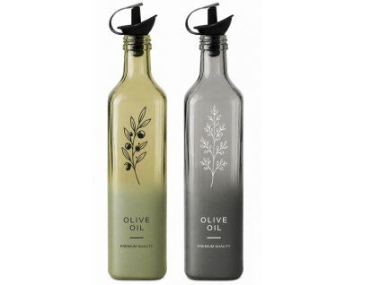 láhev 0,50l OLIVE OIL, čtverc.sklo, zelená, šedá, nálevka-kryt plast