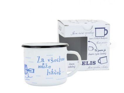 hrnek d 8cm bílý, VODÁK/HÁČEK, 0,35l, čes.smalt, DB krabička